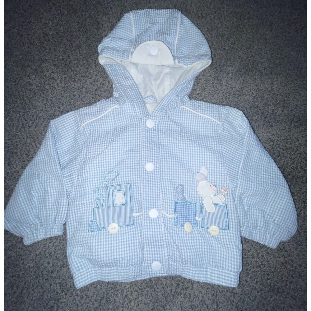 Vintage Casual Time Baby Boy Blue Check Button Front Jacket Size 6/9 Months